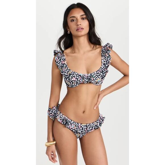 CAROLINE CONSTAS Black White Paisley Leopard Ruffle Anastasia Two-piece Swimsuit - Picture 2 of 13